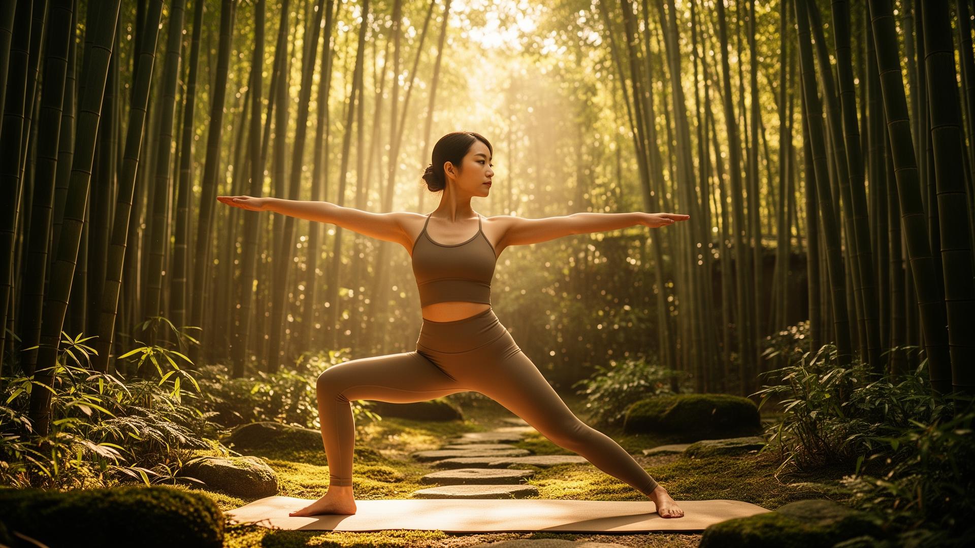 竹林でヨガのウォーリアポーズをする女性