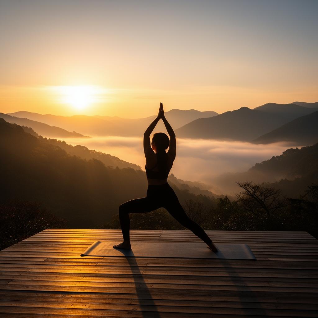 山の朝日を浴びてヨガをする女性
